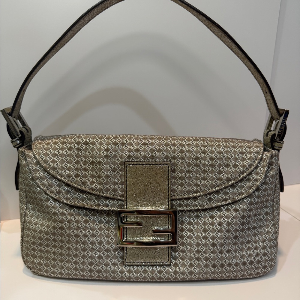 Fendi Metallic Silver/tan Zucchino Monogram Double Flap Baguette *EXCELLENT*Cond